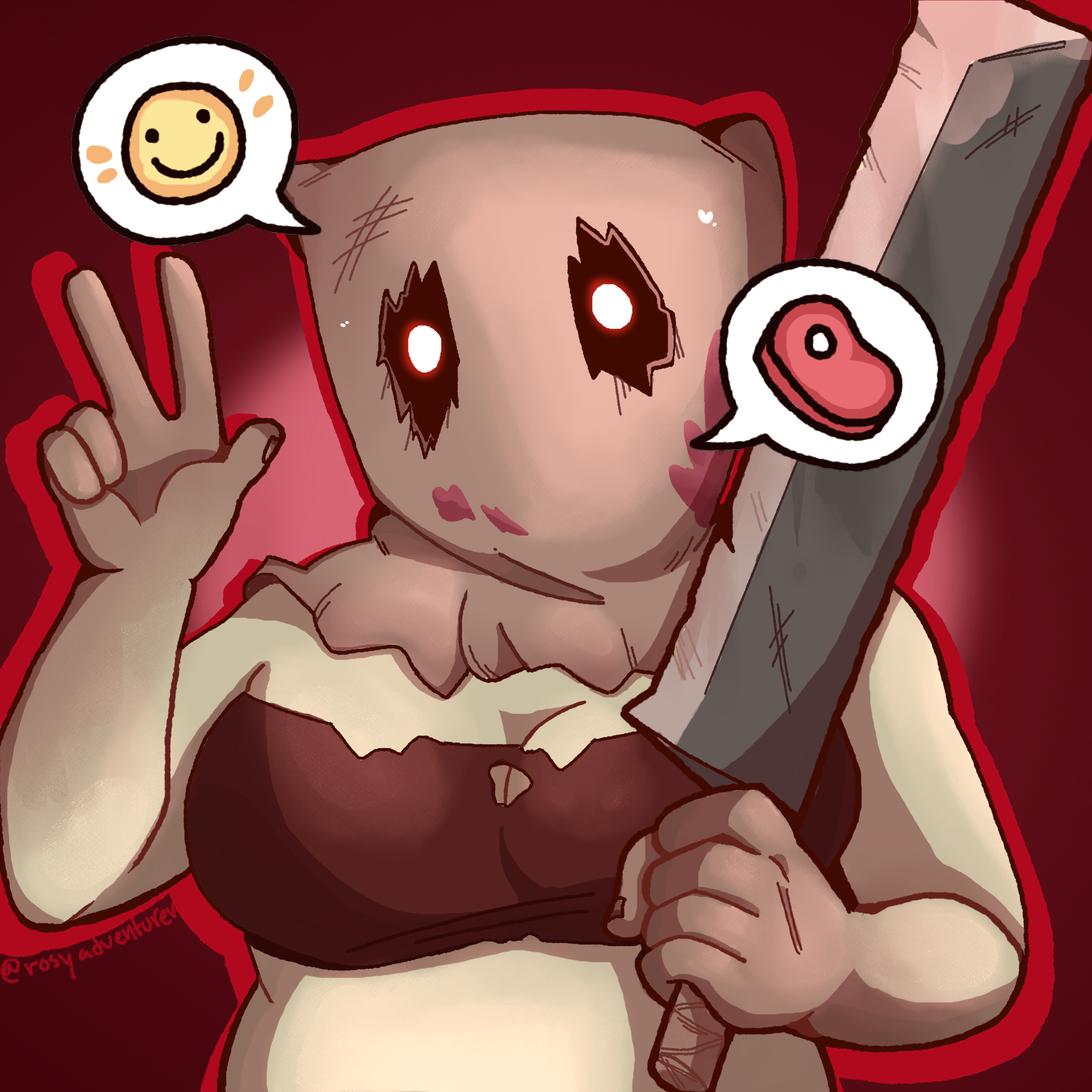 A commision based of a cute girl from dark souls wearing a potatoe sack and weilding an oversized cleaver