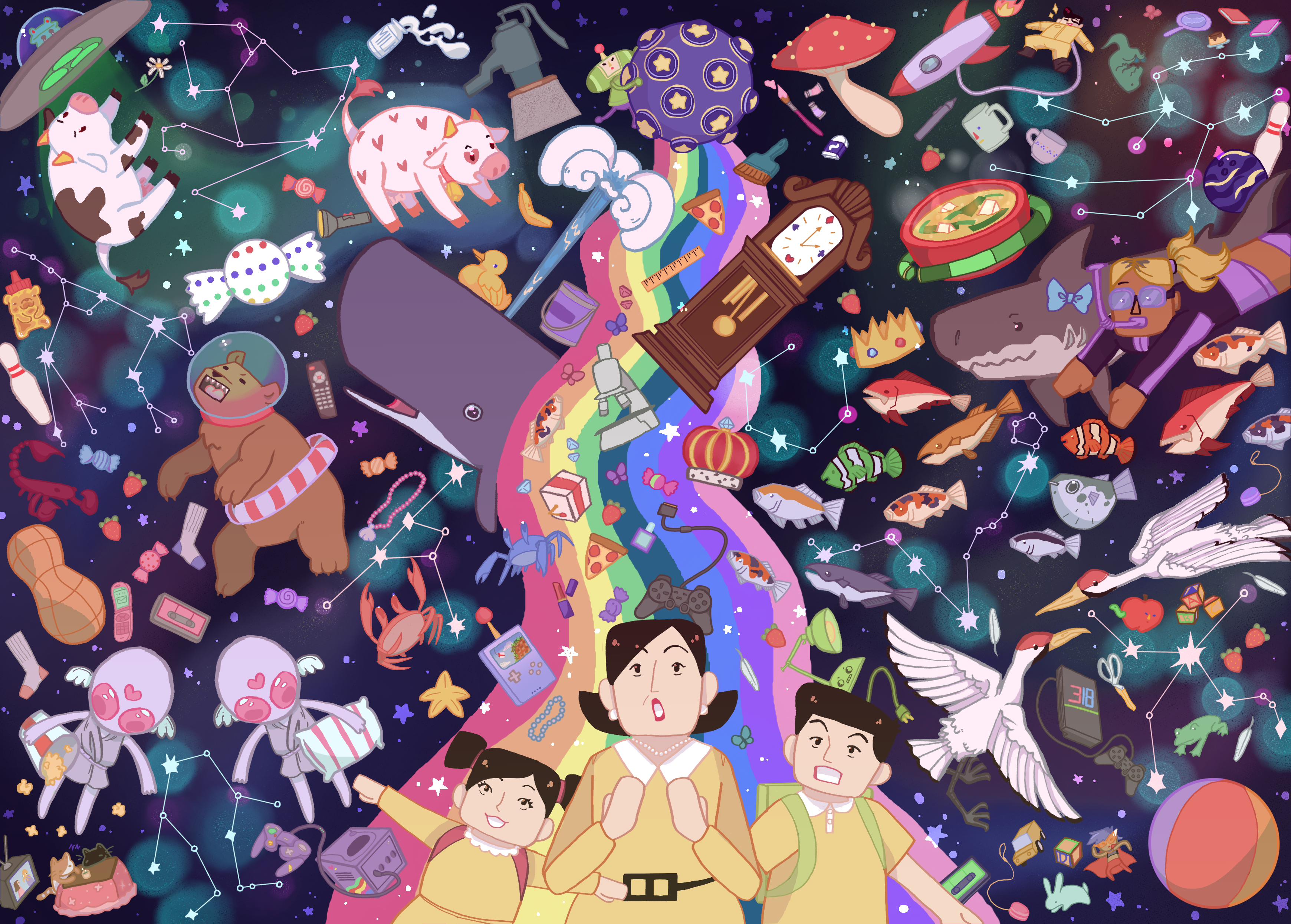 A double-wide artwork featuring items from Katamari Damacy