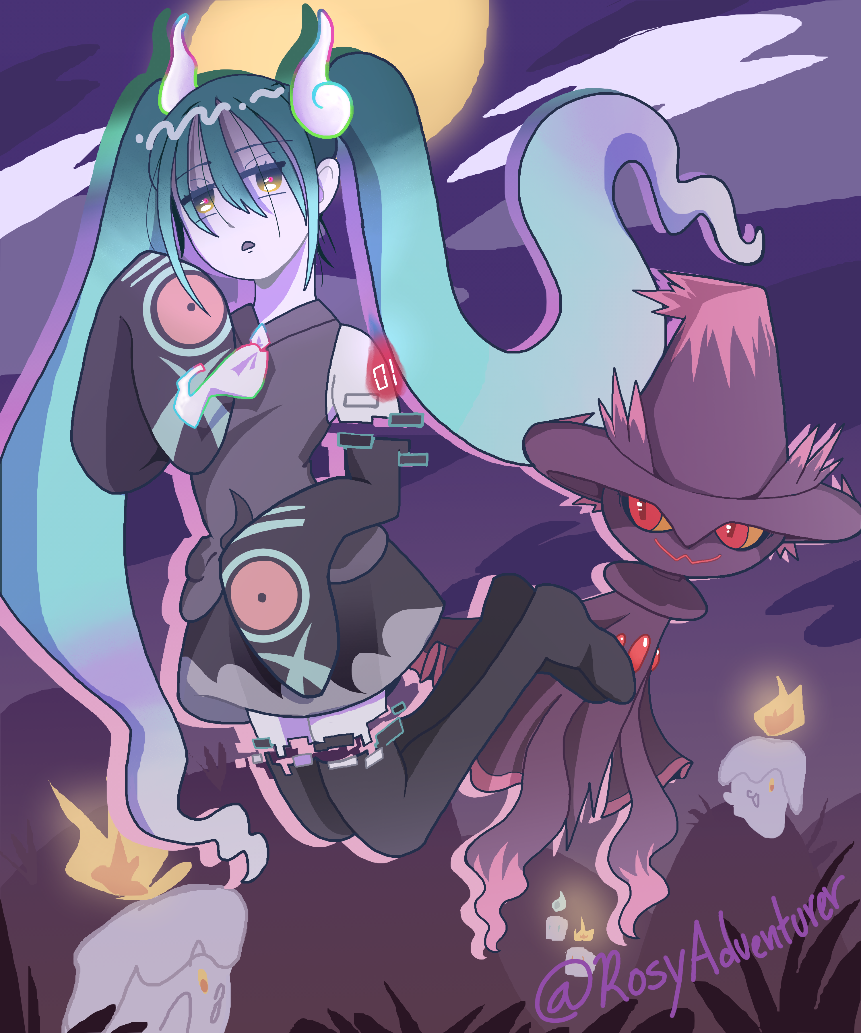 A portrait featuring a ghost-themed Hatsune Miku and a Mismagius pokemon